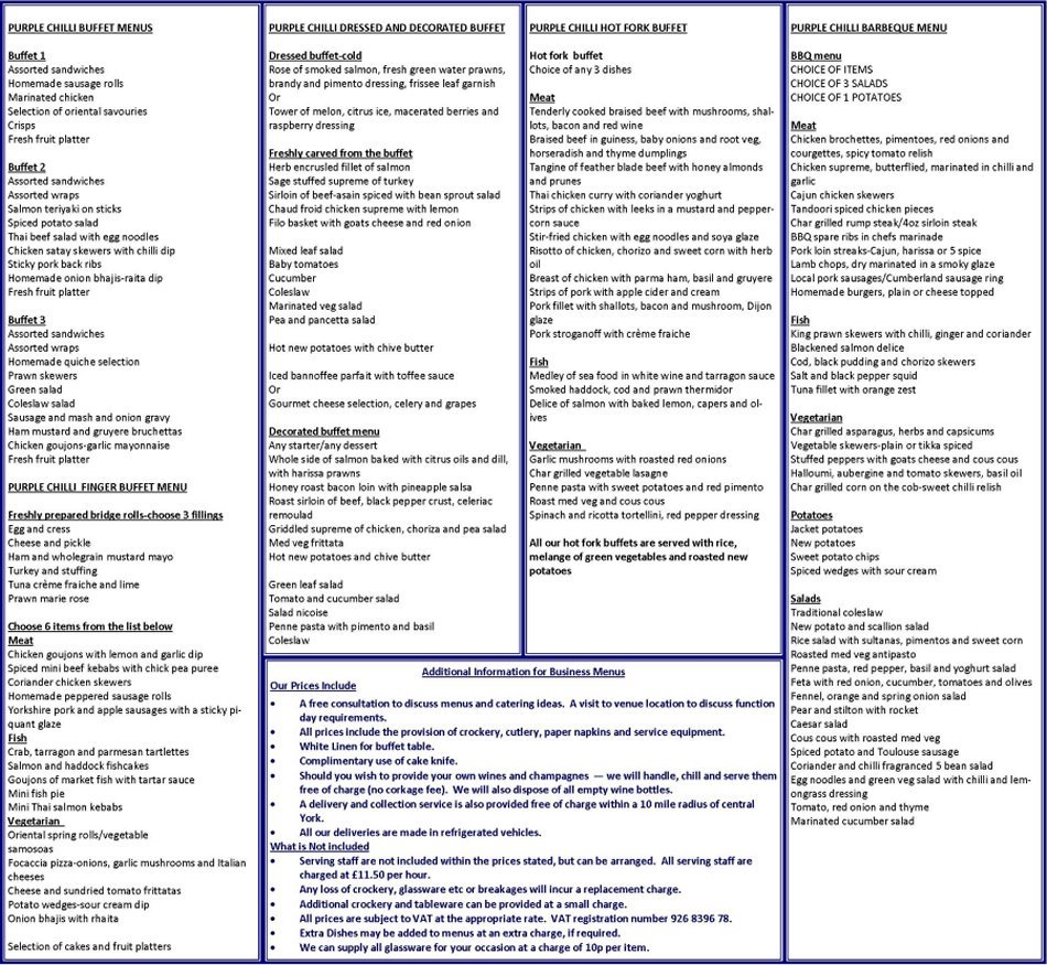 sample catering menu